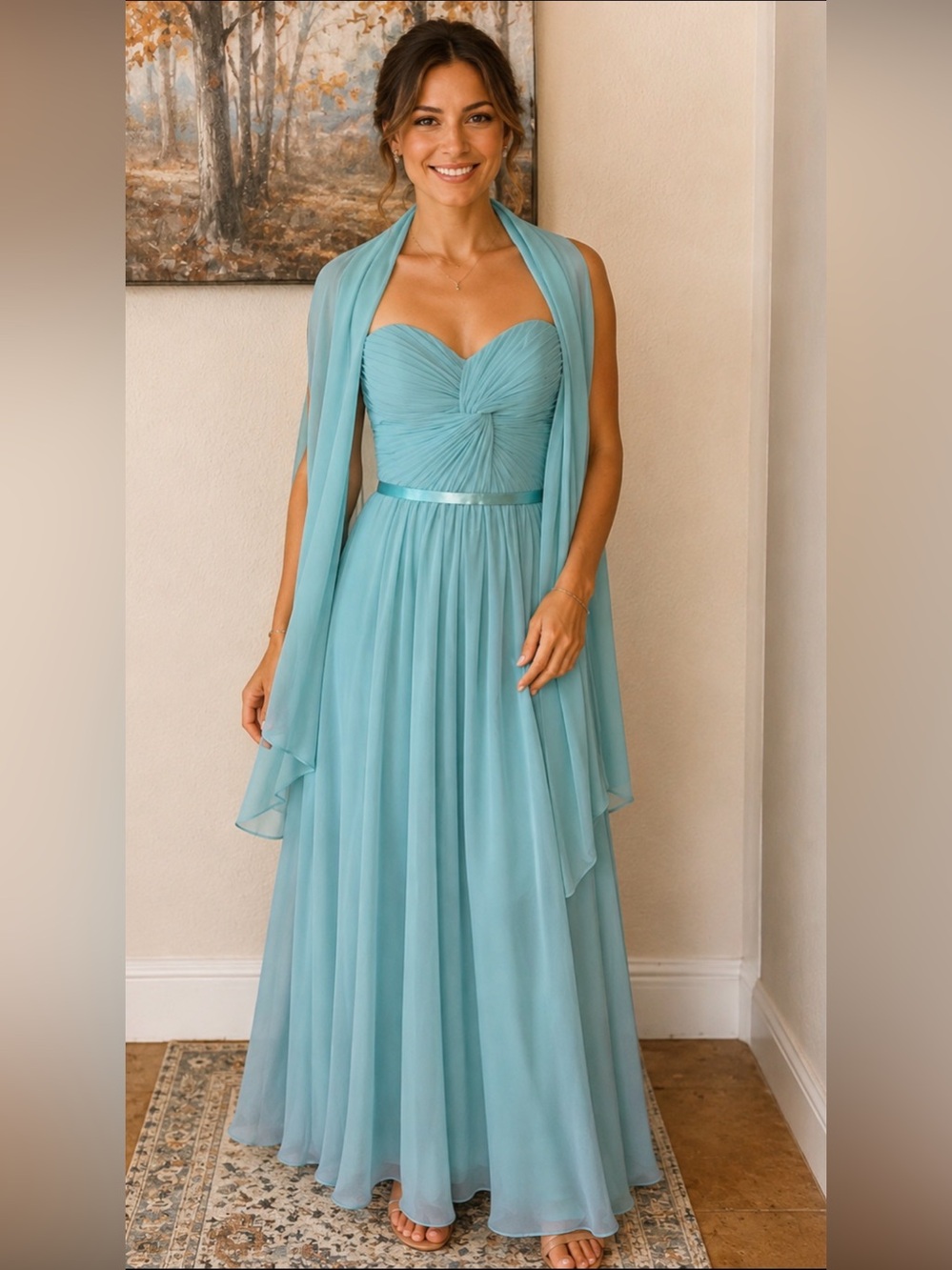 Fiesta Aqua Chiffon Maxi Gown with Draped Shawl